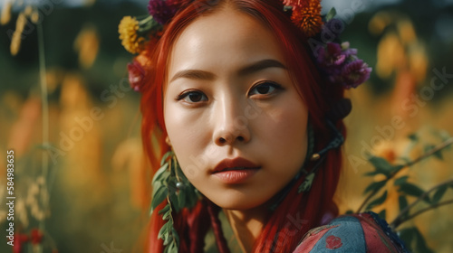 portrait of a young woman of asian ethnicity with dyed red hair, Generative AI