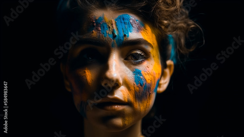 Low key studio portrait of a young woman with colorful painted face, Generative AI
