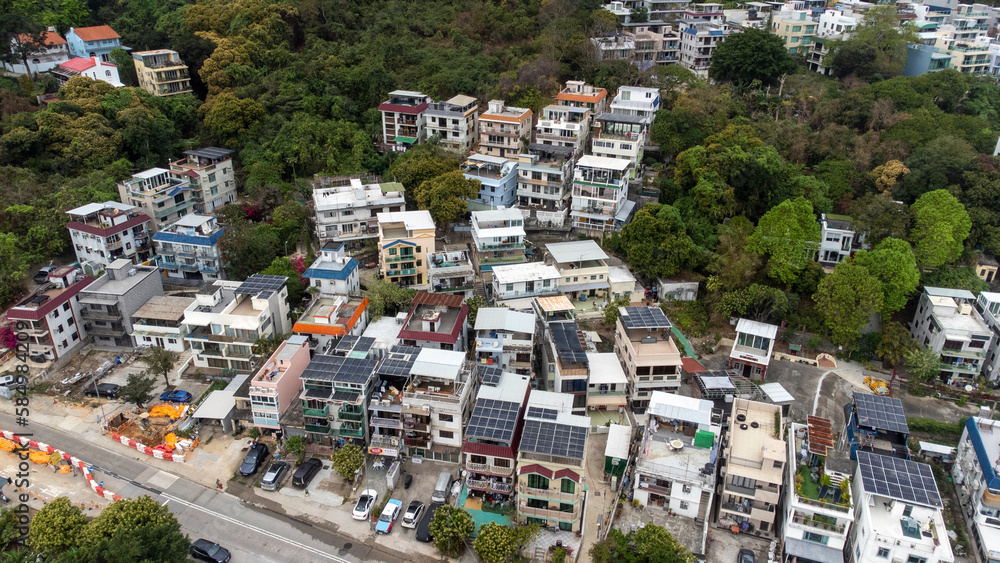 2023 Mar 25,Hong Kong.Pui O is an area on Lantau Island in Hong Kong.Aerial view of Law Uk Tsuen and Sun Wai Tsuen are villages located in Pui O. 