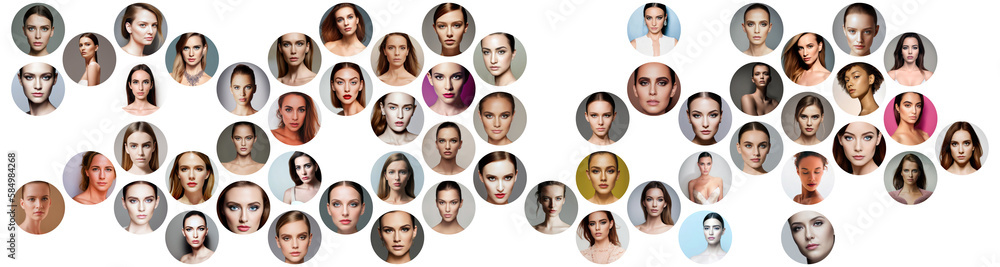 Collage of young beautiful women portraits. Collection of fashion models faces close up. Generative AI Collage of young beautiful women portraits. Collection of fashion models faces close up. Generative AI