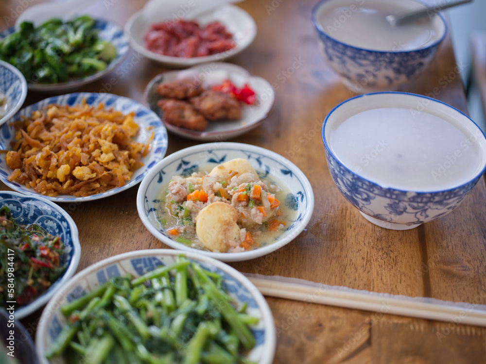 Rice gruel and side dish . Concept breakfast THAI STYLE Rice gruel and side dish . Concept breakfast THAI STYLE