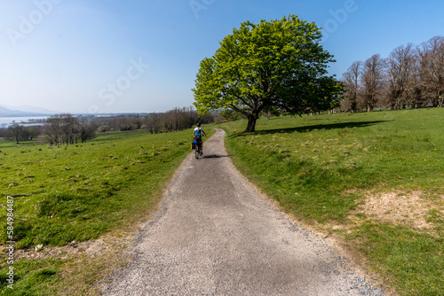 Woman riding a touring bike through a green field and tree