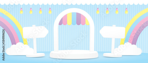 cute arch display stand with colorful pastel awning and rainbow and white signboard on blue floor and wall 3d illustration vector for putting object in kawaii style