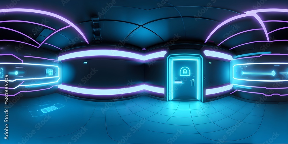 Photo of a neon-lit room with a mysterious closed door
