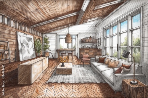 Architect interior designer concept hand drawn draft unfinished project becomes farmhouse living room with herringbone parquet. Boho,. Generative AI © AkuAku