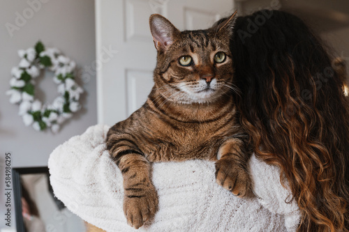 Portrait of Cat Looking over Owner's Shoulder photo