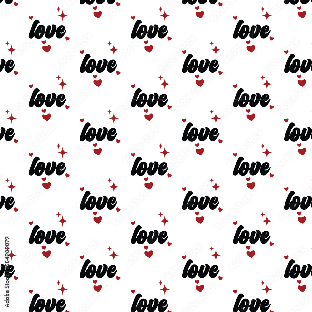 Repeating hearts, round dots and the handwritten word Love. Romantic seamless pattern. Repeating hearts, round dots and the handwritten word Love. Romantic seamless pattern.