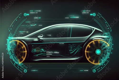 Cars infographic interface in HUD style, analysis and diagnostics. Generative AI © DZMITRY