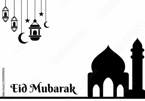 black and white simple design Happy Eid Mubarak beautiful background with islamic ornament. greeting card