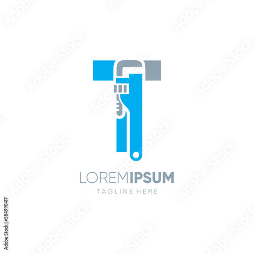 Letter T Initial Pipe Wrench Logo Design Vector Icon Graphic Emblem Illustration