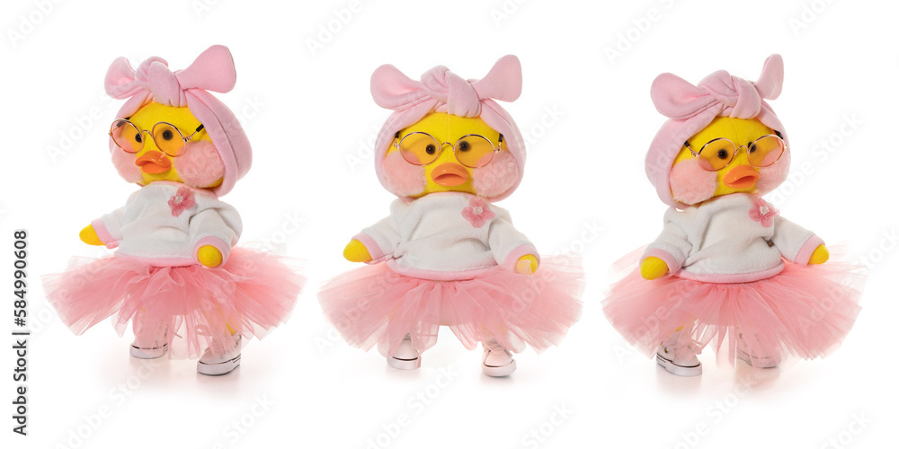 Handmade toy yellow duck LaLafanfan in pink. Three positions. Full depth of field. With clipping path