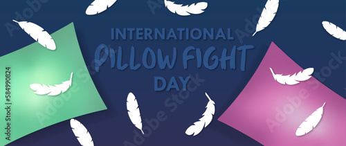 International pillow fight day illustration, pillows and feathers in the air in blue background.