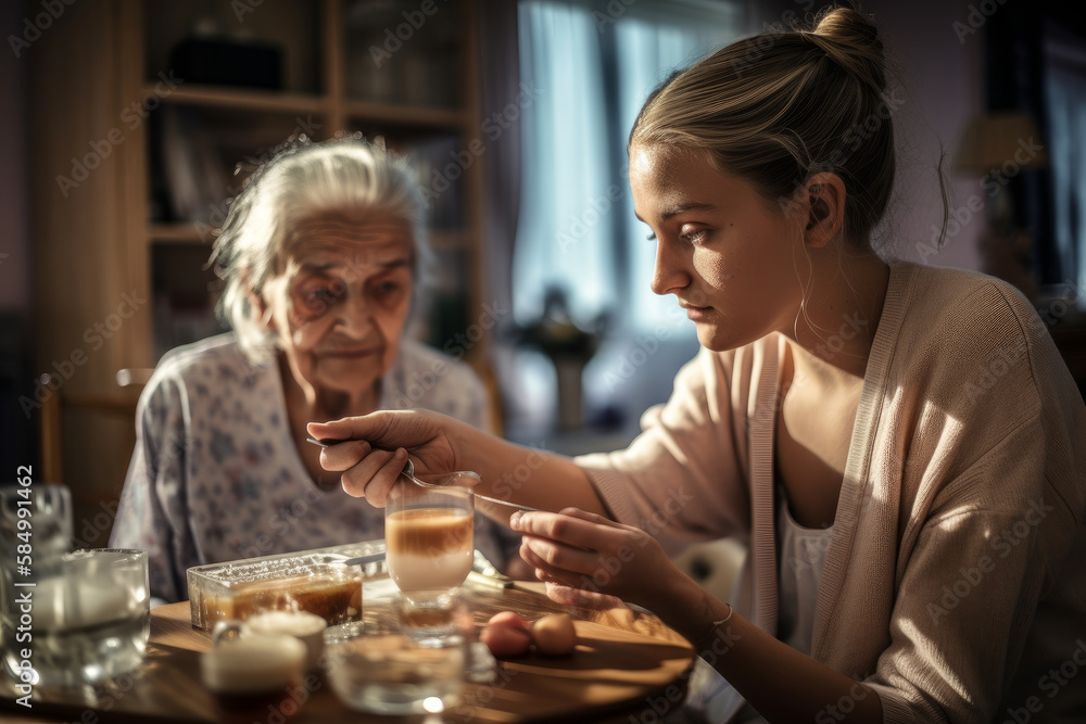 Compassionate Caregiving: Supporting Senior Women with Dignity and Respect in the Comfort of their Homes. Warm and Peaceful Atmosphere Captured in Medium Shot. Generative AI