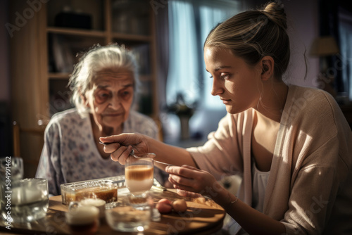 Compassionate Caregiving  Supporting Senior Women with Dignity and Respect in the Comfort of their Homes. Warm and Peaceful Atmosphere Captured in Medium Shot. Generative AI
