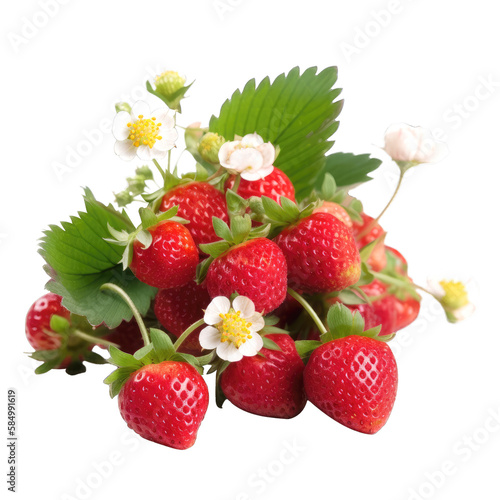 strawberry fruit with flowers and leaves , isolated on transparent background cutout , generative ai