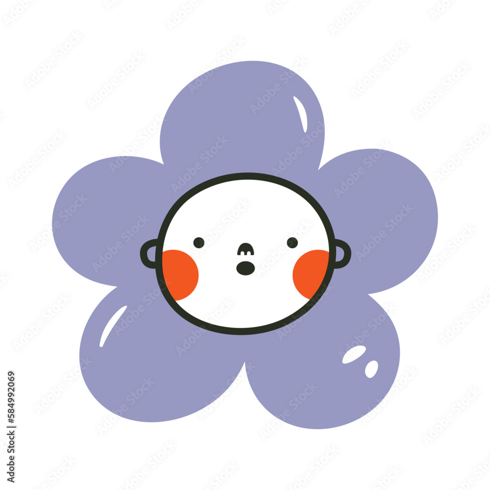 Fototapeta premium Cartoon face of little baby in flower. Kawaii kid's clip art with abstract head and plant. Minimalist cute print for logo, baby shower invitation, child clothing, greeting card, children's design.