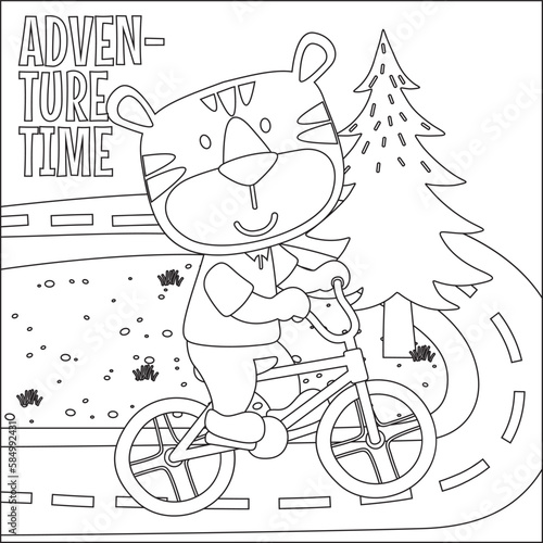 Cute little tiger riding bicycle. Trendy children graphic with line art design hand drawing sketch vector illustration for adult and kids coloring book.