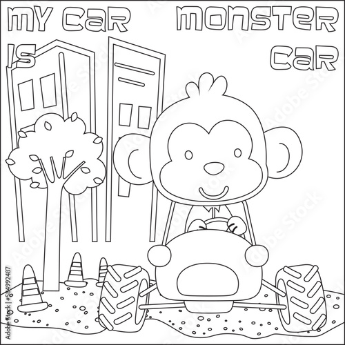Cute monkey cartoon having fun driving off road car on sunny day. Cartoon isolated vector illustration, Creative vector Childish design for kids activity colouring book or page.