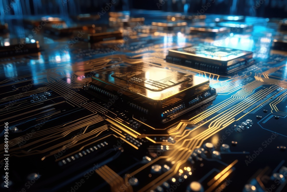 Fototapeta premium Close-up of an electrical printed circuit board. Multicore, gold and blue, super powerful. Generative AI