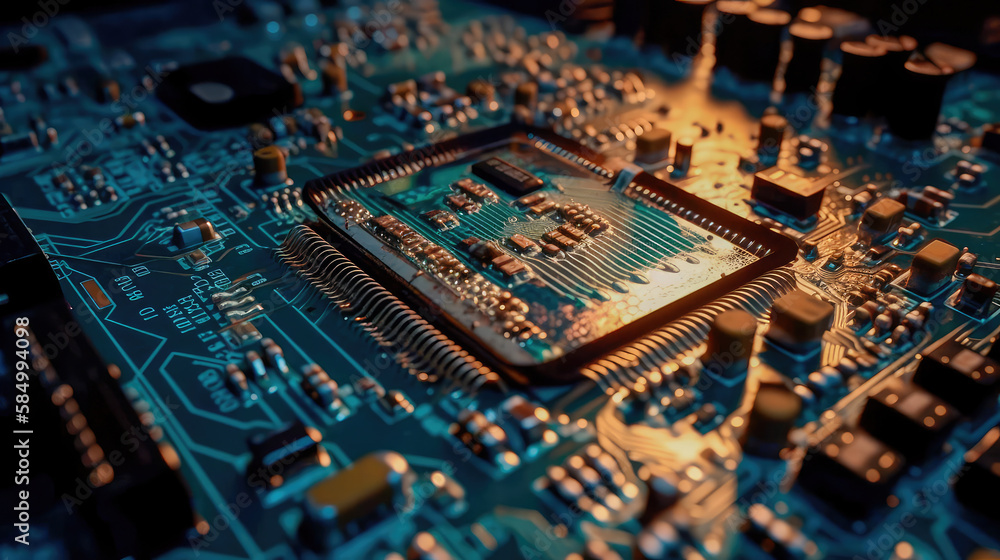 Close-up of an electrical printed circuit board. Multicore, gold and blue, super powerful. Generative AI Close-up of an electrical printed circuit board. Multicore, gold and blue, super powerful. Generative AI