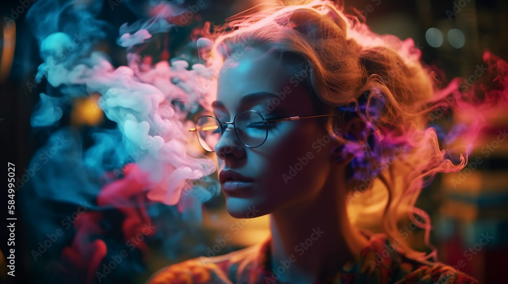 a person experiencing the radiant euphoria in colorful powders explosion background Generative AI