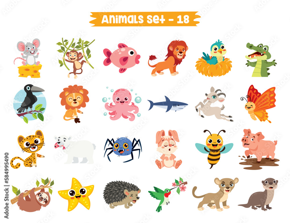 Set Of Cute Cartoon Animals Stock Vector | Adobe Stock