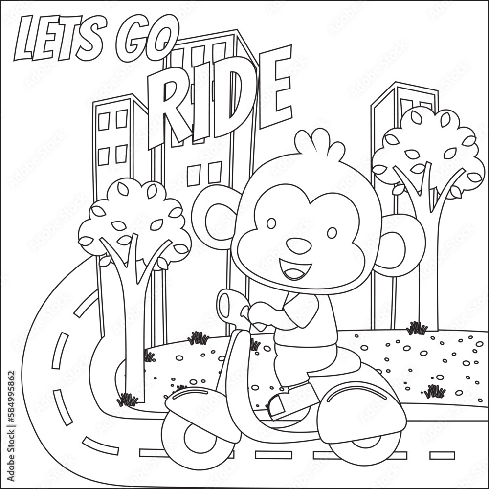 Cute little monkey riding scooter, funny animal cartoon,vector illustration. Childish design for kids activity colouring book or page.