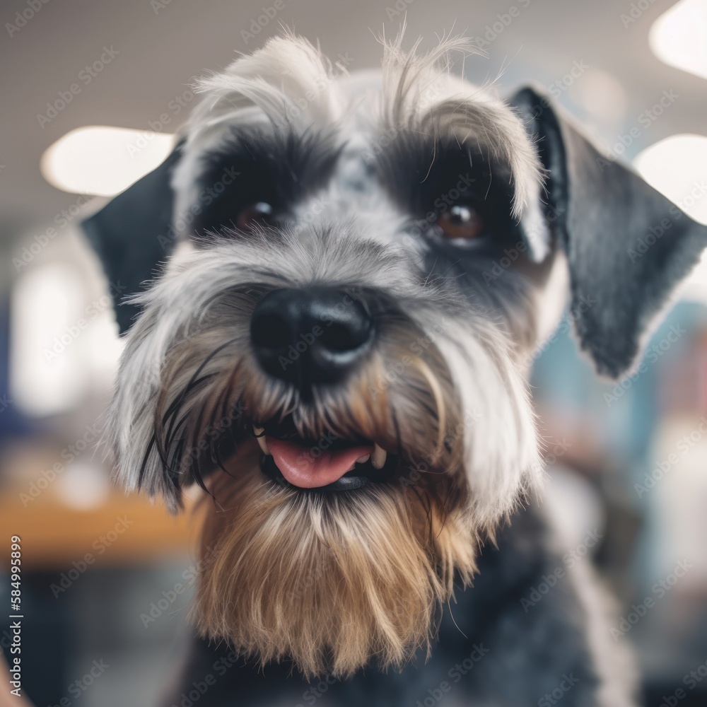 Cute schnauzer dog facing the camera . Focus on nose. Made with Generative AI.