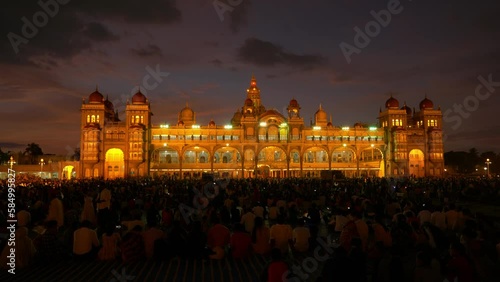 Mysore Palace (Amba Vilas Palace)  Illuminated at Dusk during the Navaratri Festival Shot in Mysuru, Karnataka, India photo