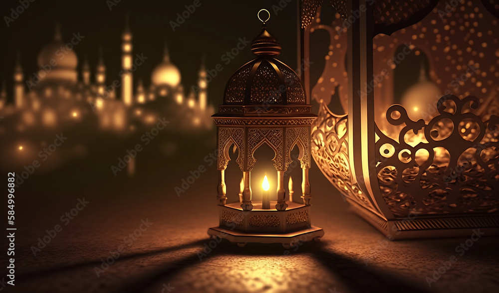 Arabic lantern with burning candle and bokeh lights in background ramadan. Generative Ai Arabic lantern with burning candle and bokeh lights in background ramadan. Generative Ai