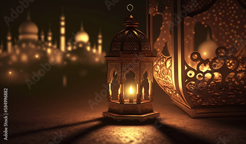 Arabic lantern with burning candle and bokeh lights in background ramadan. Generative Ai