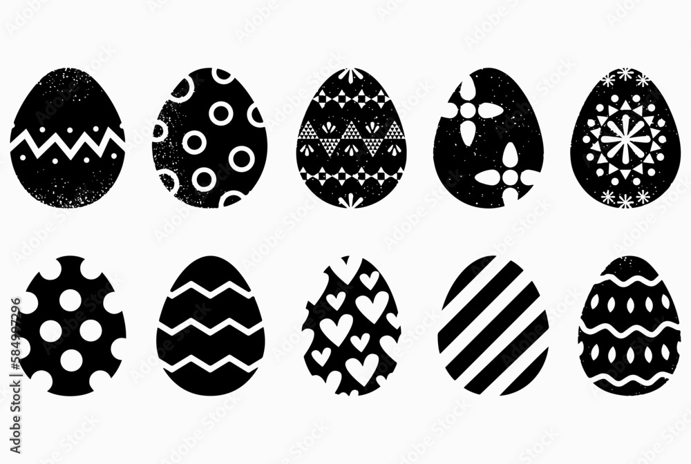 Vector set of black and white Easter eggs isolated on white background.