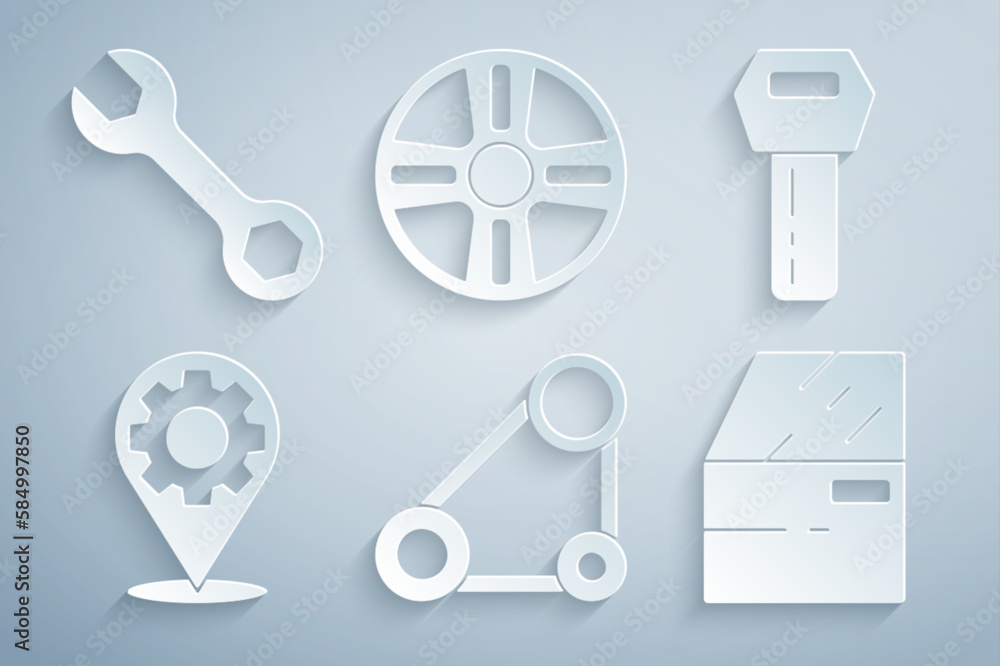 Set Timing belt kit, Car key with remote, service, door, Alloy wheel and Wrench spanner icon. Vector Set Timing belt kit, Car key with remote, service, door, Alloy wheel and Wrench spanner icon. Vector