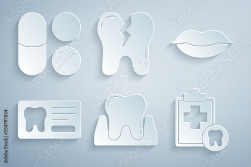 Set Tooth, Smiling lips, Dental card, Broken tooth and Painkiller tablet icon. Vector