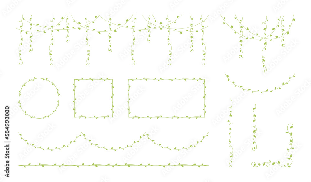 Green vines frames and borders, hanging vine curtain design, botanical elements vector illustration set Green vines frames and borders, hanging vine curtain design, botanical elements vector illustration set