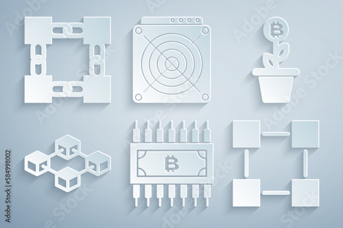 Set Cryptocurrency bitcoin with circuit, Bitcoin plant the pot, Blockchain technology, , ASIC Miner and icon. Vector