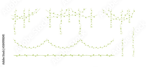 Green vines frames and borders, hanging vine curtain design, botanical elements vector illustration set