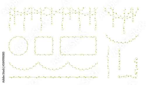 Green vines frames and borders, hanging vine curtain design, botanical elements vector illustration set