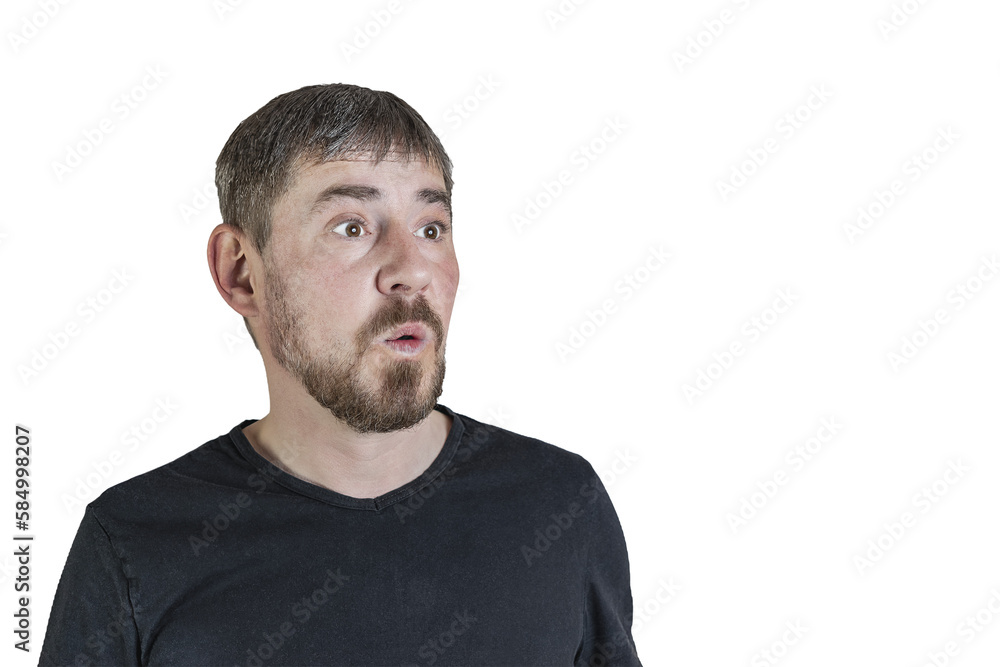 Portrait of an attractive bearded man of European appearance, with a slight gray hair, on an isolated white background. Surprised facial expression. Expression of emotions of a man. Portrait of an attractive bearded man of European appearance, with a slight gray hair, on an isolated white background. Surprised facial expression. Expression of emotions of a man.