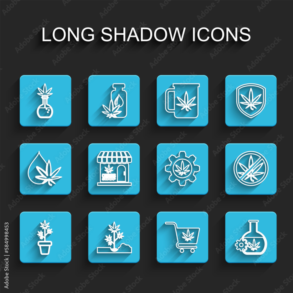 Set line Marijuana plant in pot, Planting marijuana, Test tube with, Shopping cart, and cannabis store, Stop and icon. Vector Set line Marijuana plant in pot, Planting marijuana, Test tube with, Shopping cart, and cannabis store, Stop and icon. Vector