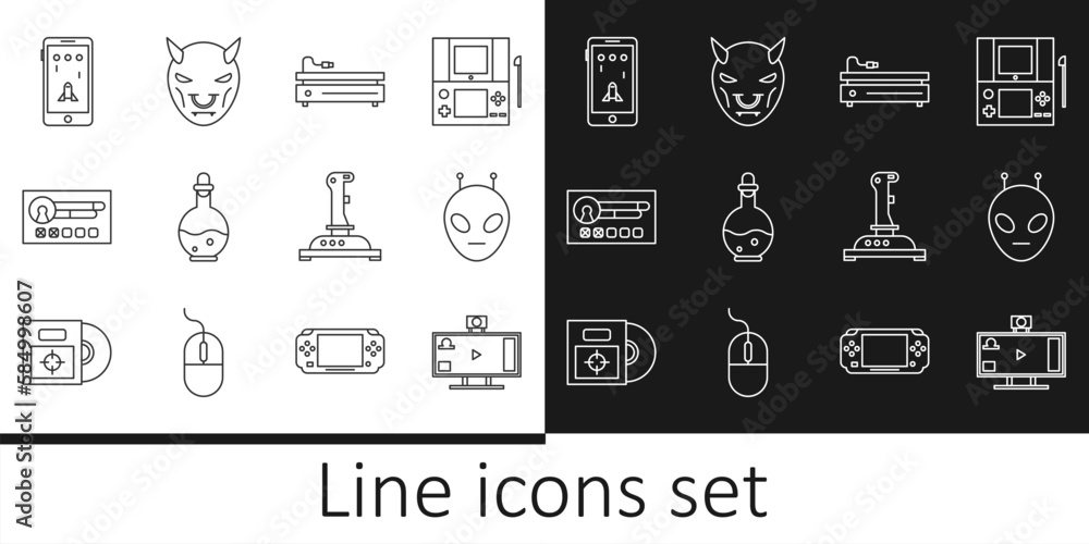 Set line Live streaming online, Alien, Video game console, Bottle with magic elixir, Create account screen, Mobile and playing, Joystick for arcade machine and Mask of the devil horns icon. Vector Set line Live streaming online, Alien, Video game console, Bottle with magic elixir, Create account screen, Mobile and playing, Joystick for arcade machine and Mask of the devil horns icon. Vector
