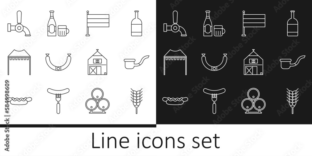 Set line Wheat, Smoking pipe, National Germany flag, Sausage, Camping tent, Beer tap, Farm House and bottle and glass icon. Vector