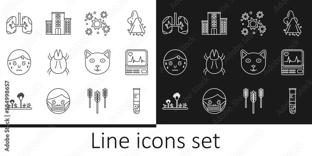 Set line Test tube and flask, Monitor with cardiogram, Bacteria, Parasite mite, Man excessive sweating, Lungs, Pet and Medical hospital building icon. Vector