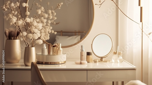 In a sunlit cream-walled bedroom, an empty modern and minimalist beige dressing table with a round vanity mirror steals the show. Its gold handle drawer storage and glass vase with twigs complete the  © JanPaulAnthony