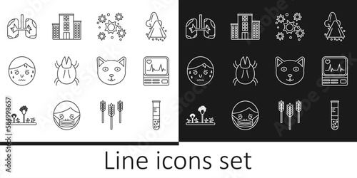 Set line Test tube and flask, Monitor with cardiogram, Bacteria, Parasite mite, Man excessive sweating, Lungs, Pet and Medical hospital building icon. Vector