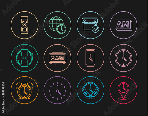 Set line Location with clock, Clock, Calendar check mark, Digital alarm, Old hourglass, Alarm app mobile and World time icon. Vector