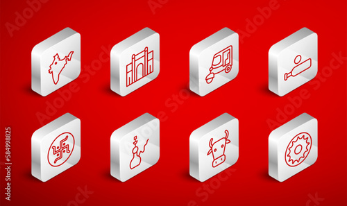 Set line Chakra, India Gate in Delhi, Taxi tuk tuk, Wood cricket bat and ball, Cow, map, Hookah and Hindu swastika icon. Vector