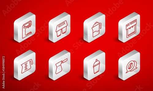 Set line Coffee and conversation, cup to go, French press, machine, turk and pot icon. Vector