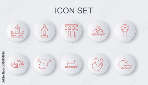 Set line Orange fruit, Churros and chocolate, Aqueduct of Segovia, Spanish wineskin, Montjuic castle, Orujo, Map Spain and hat icon. Vector