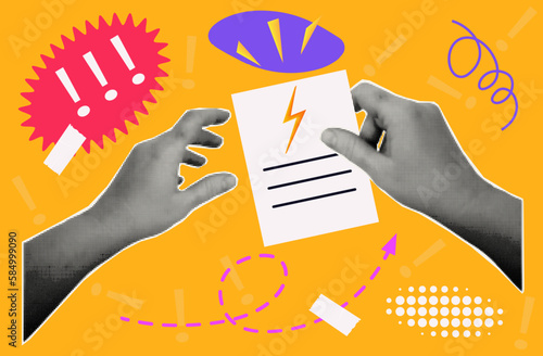 Urgent document, halftone collage. Deadline, fast execution of an important document. A woman's hand holds a paper document, accept the task, follow the instructions. Modern vector advertising poster.
